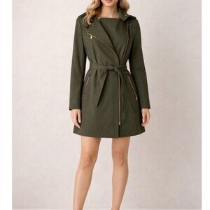 Michael Kors Green Belted Hooded Coat Asymmetrical Zip Jacket